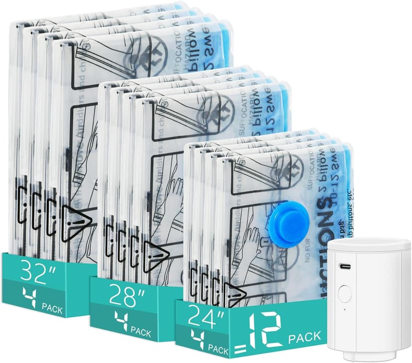 Vacuum Storage Bags with 3000Pa Wireless Pump for Travel, 12 Pack Vacuum Seal Bags for Clothing Travel, Compression Vacuum Bags for Clothes,Luggage,Blankets(4 Large, 4 Medium, 4 Small)
