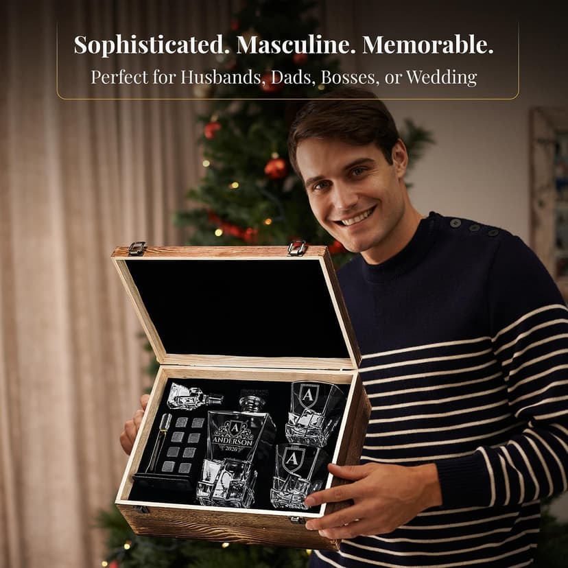 shop4ever Custom Engraved Monogram Year, Chunky Heavy Liquor/Bourbon Decanter with Glasses, Whiskey Stones, Coasters & Tongs, Premium Whiskey Gift Set for Men, Husband, Dad