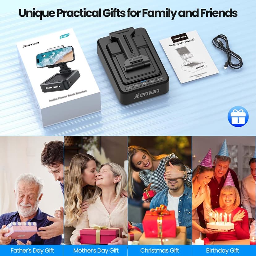 JTEMAN Cell Phone Stand with Bluetooth Speaker and Charging Function,Bluetooth Audio Power Bank Bracket,Birthday Gifts for Men Women,Kitchen Gadgets for Most Phones and Tablets-Black