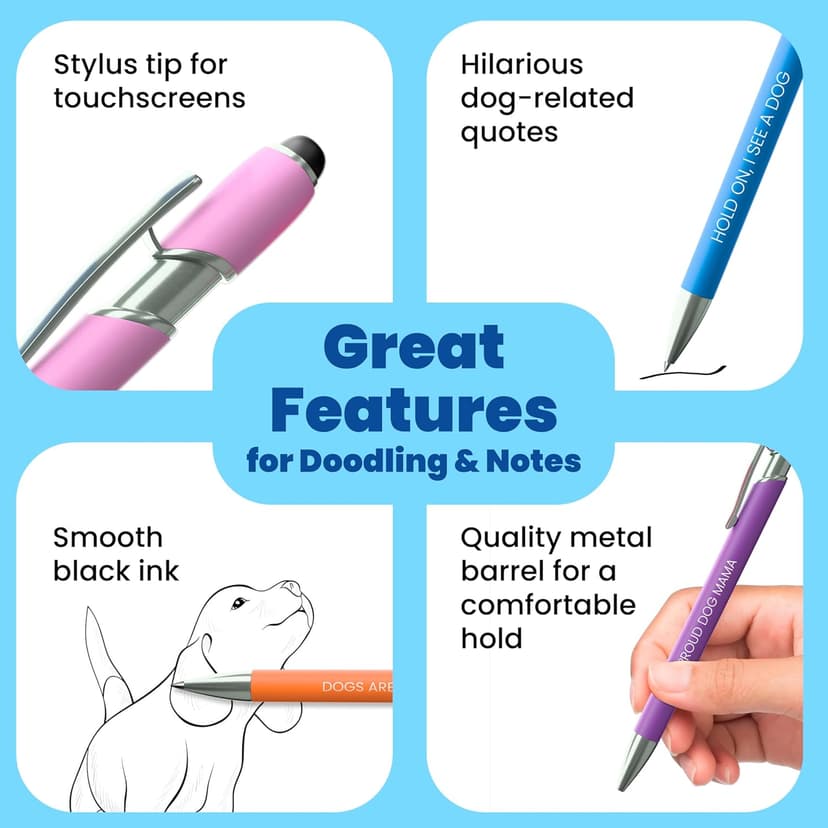 Funny Dog Mom Gift Pen Set – 5 Black Ink Ballpoint Pens with Stylus Tips & Durable Metal Barrels with Hilarious Doggy Quotes – Cute Dog Mom Gift for Women, Fur Mamas, Rescue Lovers, Friends