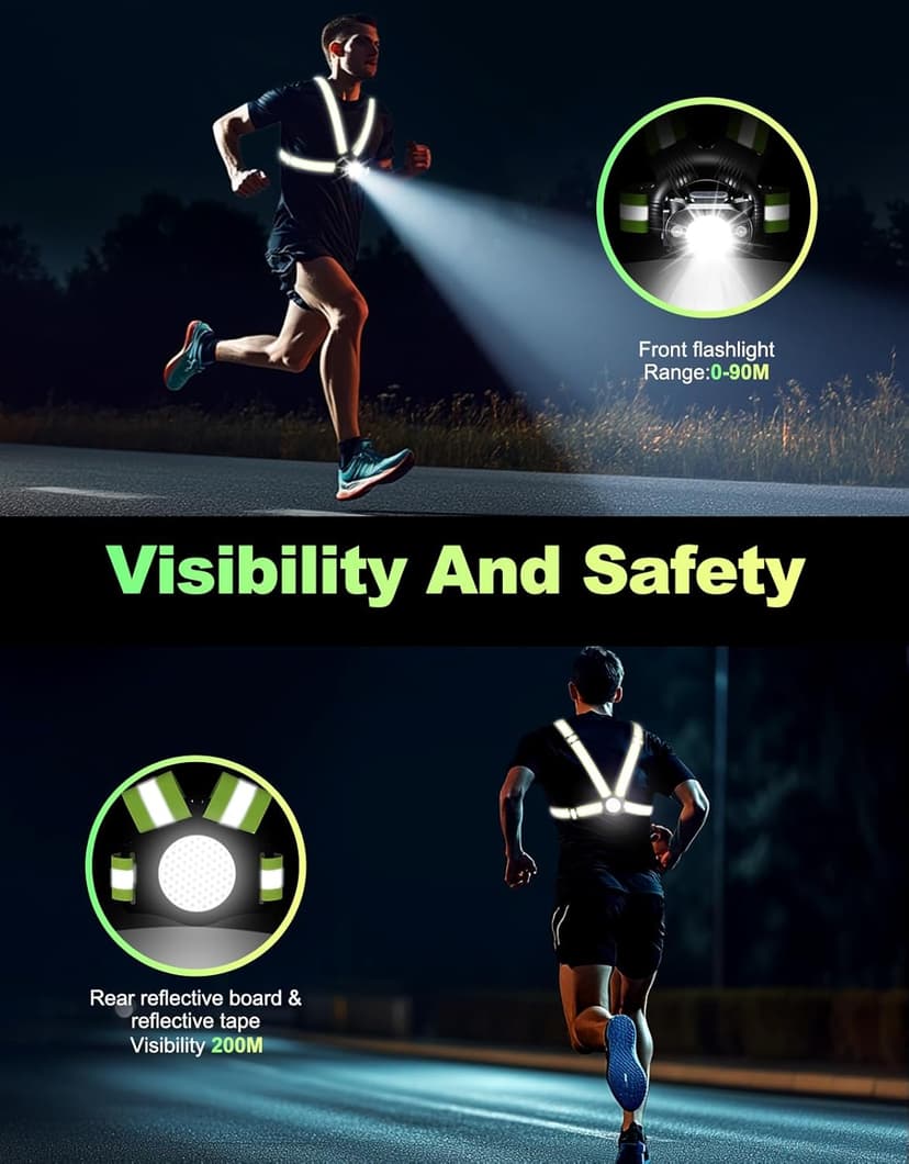 Running Lights for Runners, 500 Lumens Running Light with 45° Adjustable Tilt, 360° Reflective Vest & IPX4 Waterproof Rechargeable Light Up Gear for Night Walking/Cycling/Jogging/Hiking