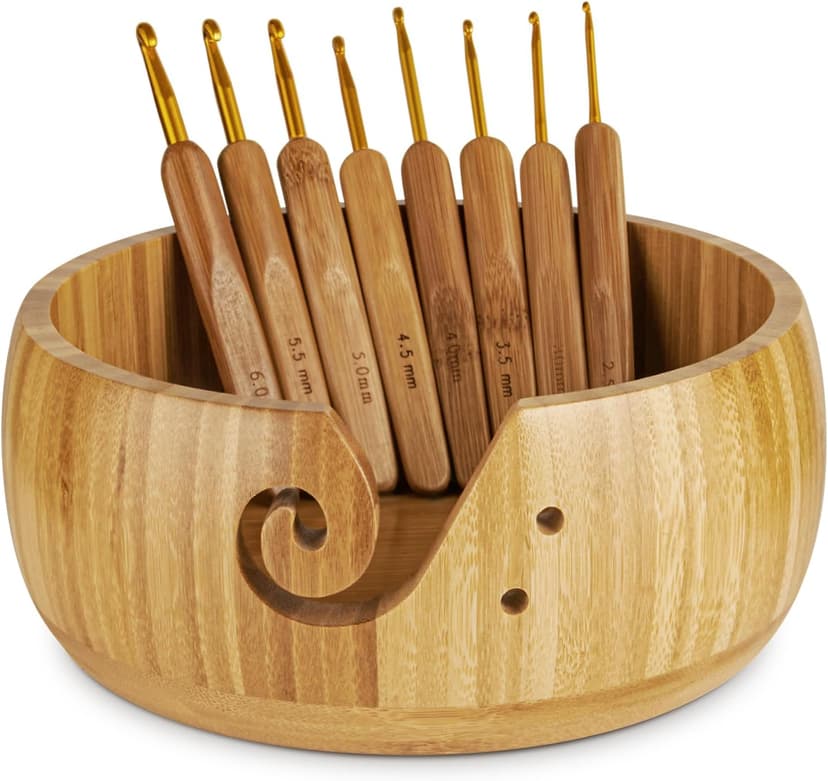 Wooden Yarn Bowl Holder, Craft Knitting Bowl with 8pcs Metal Crochet Hooks, 7.9''Large Yarn Holder Dispenser Yarn Storage Bowls, for Knitters & Crocheters (Bamboo 7.9 inch)