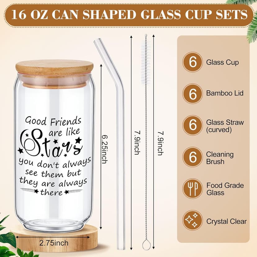 6 Set Friendship Gifts for Women,16 oz Galentines Day Glass Cup Friendship Gift Ideas Best Friend Birthday Gift Friendsgiving Wine Glasses Bulk Ice Coffee Cup for Friend Group(Friends Are Like Stars)