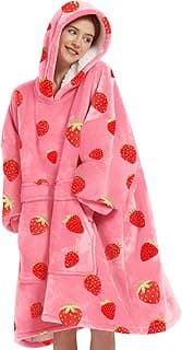 KFUBUO Wearable Blanket Hoodie for Adults Sherpa All Patterns Oversized Sweatshirt Blanket with Pockets Cute Birthday Gifts for Sister Strawberry