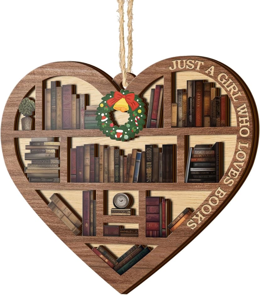 V VIBEPY All Over Printed, Book Lovers Ornaments, Bookshelf Heart Christmas Book Ornament 3.2"x3.5" 2 Layer, Gift for Girl Book Lovers, Gift Idea for Christmas