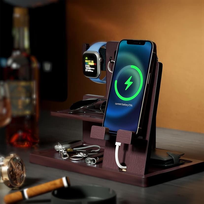 ProCase Gifts for Dad, Wood Phone Docking Station for Men, Dad Gifts From Daughter Son, Mens Nightstand Organizer, Anniversary Birthday Gifts for Dad Father Husband Him -Espresso (Engraved Word)