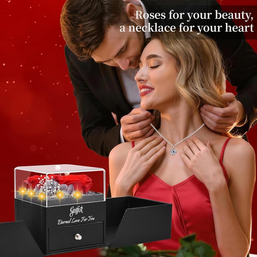 2 Preserved Rose Gift for Women - Eternal Rose with I Love You Necklace - Romantic Birthday Gifts for Girlfriend Mom Her Wife Grandma on Valentines Mothers Day Anniversary Christmas-Red