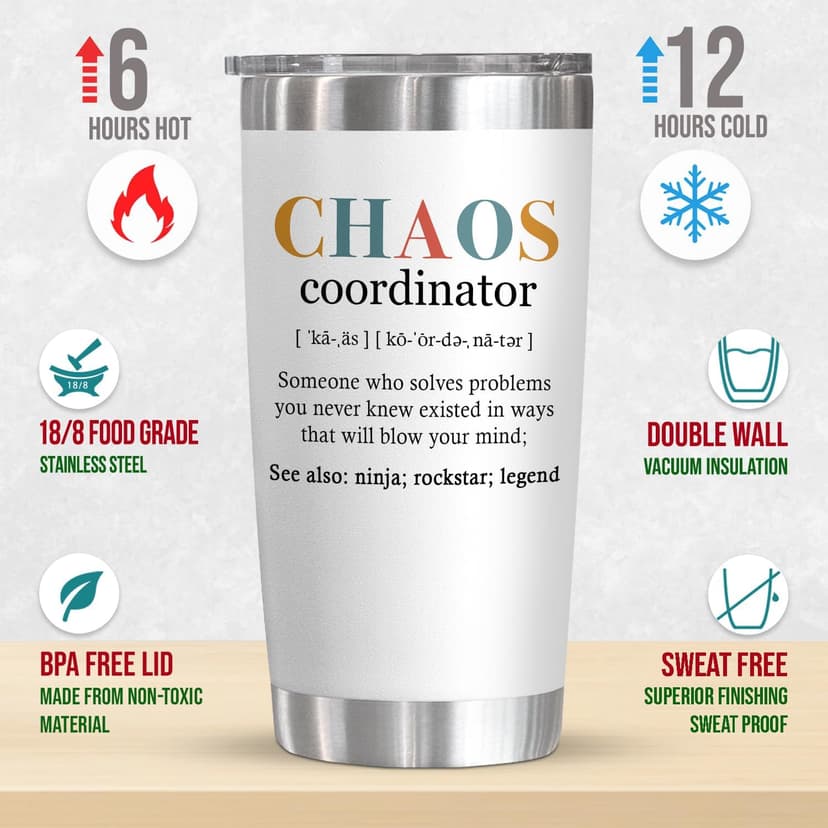 TEEZWONDER Thank You Gifts for Women - Chaos Coordinator 20 oz Stainless Steel Insulated Tumbler with Lid - Employee Appreciation Christmas Birthday Gifts for Women Coworkers Boss Teacher Nurse Friend