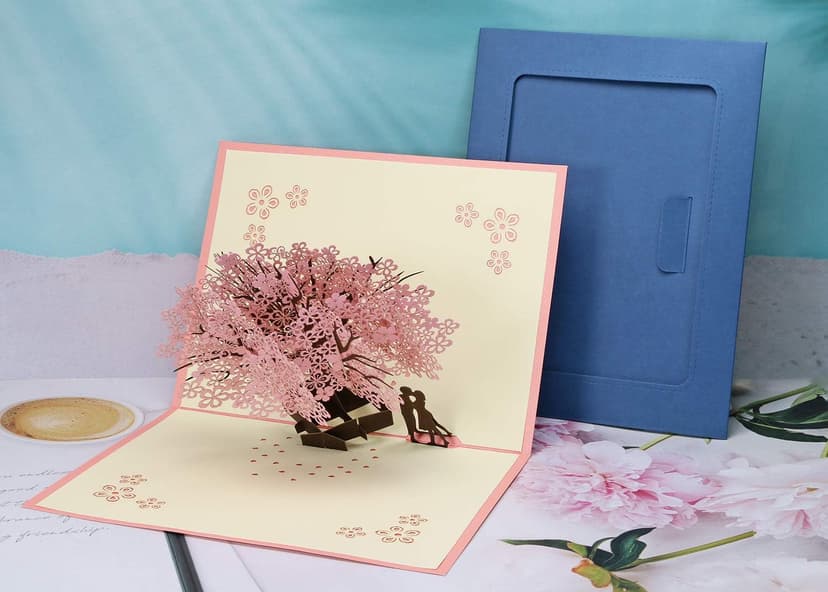 PENTA ANGEL Handmade Cherry Blossom Card Pop Up 3D Flower Card Romantic Love Letter Greeting Anniversary Wedding Valentine Birthday Gift Card Blank Stationery Paper Card for Her Him Husband Wife