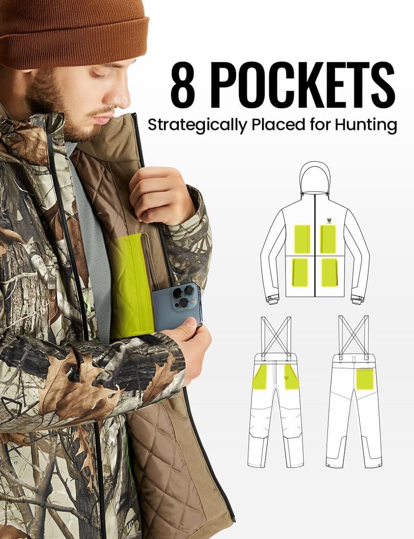 TIDEWE Hunting Clothes for Men with Face Mask, Silent Waterproof Hunting Jacket and Adjustable Bibs, Safety Strap Compatible