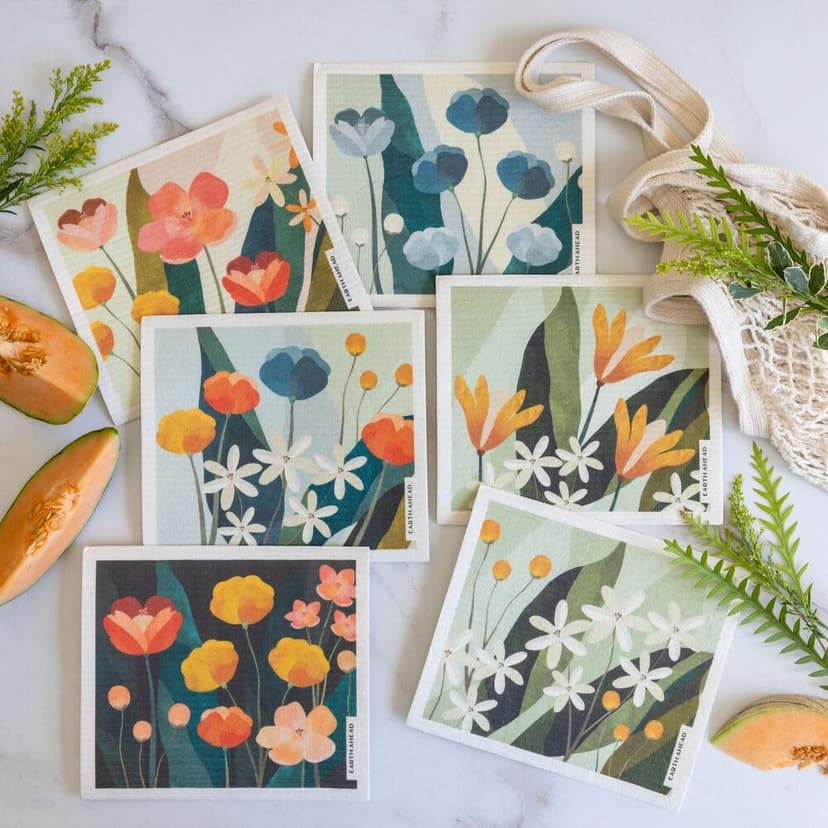 Floral Swedish Dishcloths 6-Pack – Reusable Eco-Friendly Cleaning Cloths in Plantable Packaging, Ultra-Absorbent Kitchen Sponge Cloth Gift Set.