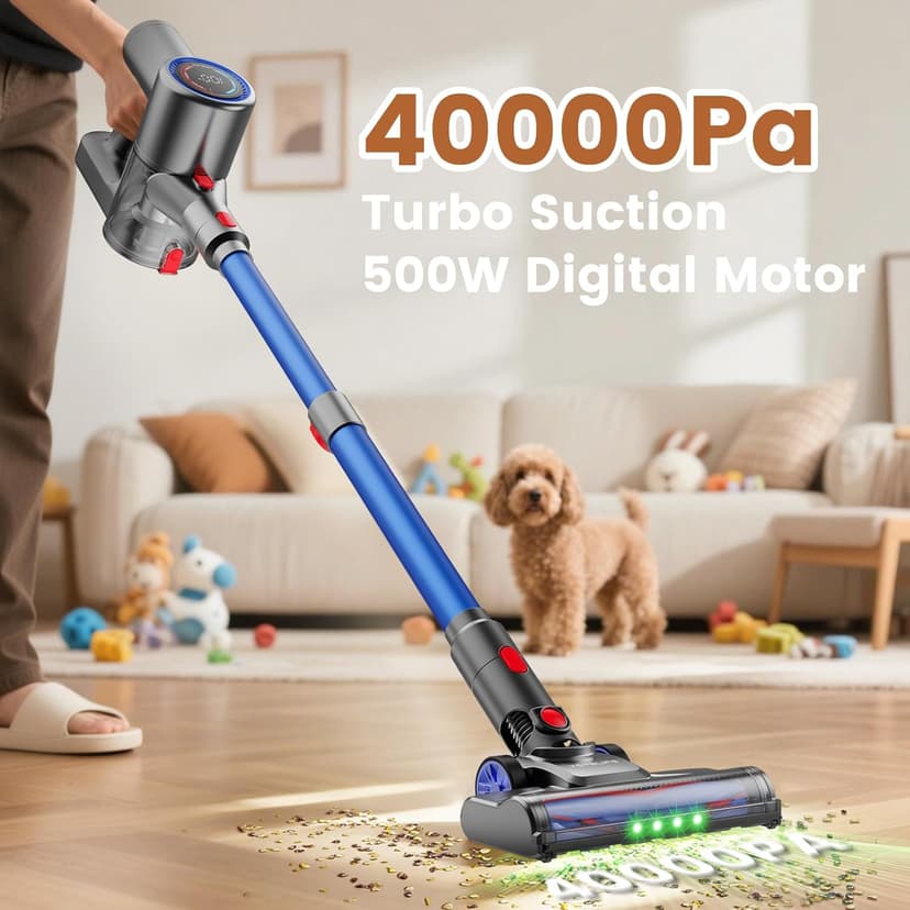 VersLife Z8 Cordless Vacuum Cleaner, 40kPa/500W Power Suction, LED Display, 6-in-1 Lightweight Stick Vacuum with Green LED Light, 6-Stages Filtration, Self-Standing for Pet Hair Hard Floor Carpet