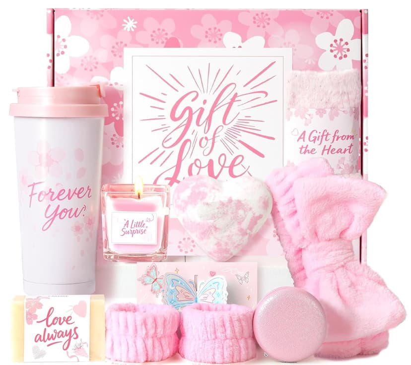 Birthday Gifts for Women - Cherry Blossom Spa Gift Box with Tumbler, Self Care Package for Mom Wife Sister Friend Grandma, Thank You Relaxation Basket for Mother’s Day Valentine’s Day Christmas (Pink)
