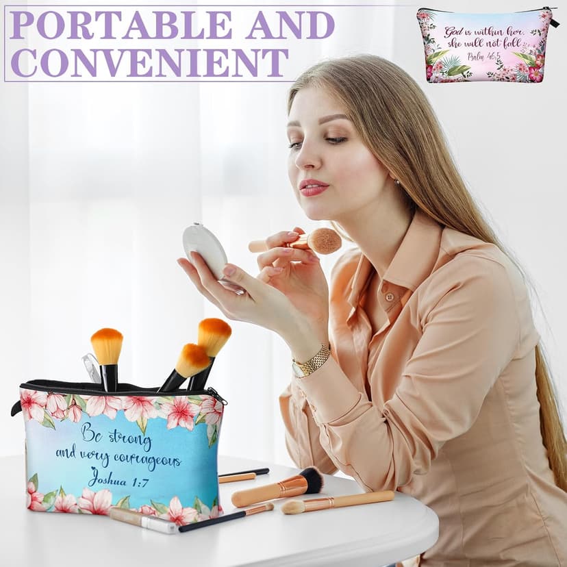 Chunful 12 Pcs Inspirational Christian Gifts Religious Makeup Bags Bulk for Women Bible Verse Flower Cosmetic Bag Thanksgiving Christmas Gift for Church Ladies, 7.48 x 4.72 Inch(Stylish)