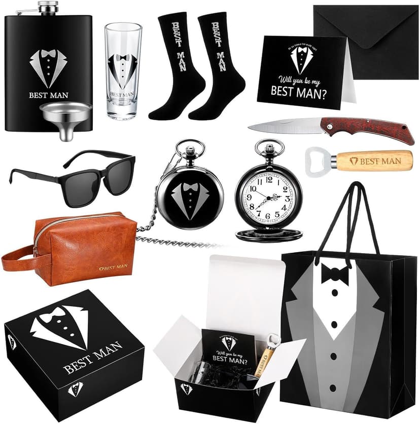 13 Pcs Best Man Proposal Gift Set Stainless Steel Flask Box Bag Shot Glass Bottle Opener Pocket Watch Sunglasses Knife Sock Card Toiletry Bag for Wedding