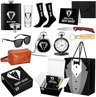 13 Pcs Best Man Proposal Gift Set Stainless Steel Flask Box Bag Shot Glass Bottle Opener Pocket Watch Sunglasses Knife Sock Card Toiletry Bag for Wedding