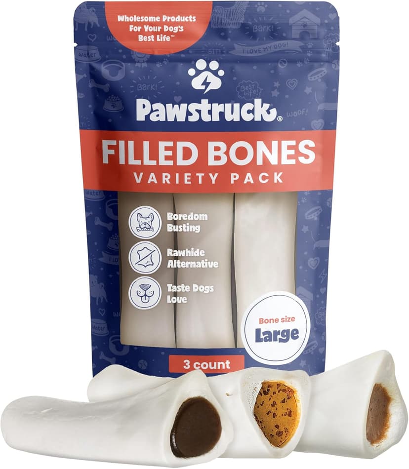 Pawstruck Large 5-6” Filled Dog Bones Variety Pack - Peanut Butter, Cheese & Bacon, Beef Flavors - Made in USA, Long Lasting Stuffed Femur Treat for Aggressive Chewers - Pack of 3, Packaging May Vary