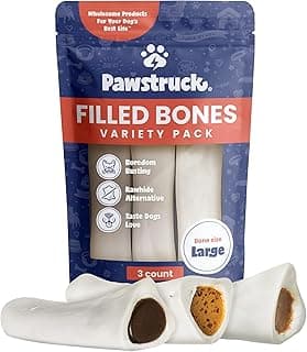 Pawstruck Large 5-6” Filled Dog Bones Variety Pack - Peanut Butter, Cheese & Bacon, Beef Flavors - Made in USA, Long Lasting Stuffed Femur Treat for Aggressive Chewers - Pack of 3, Packaging May Vary