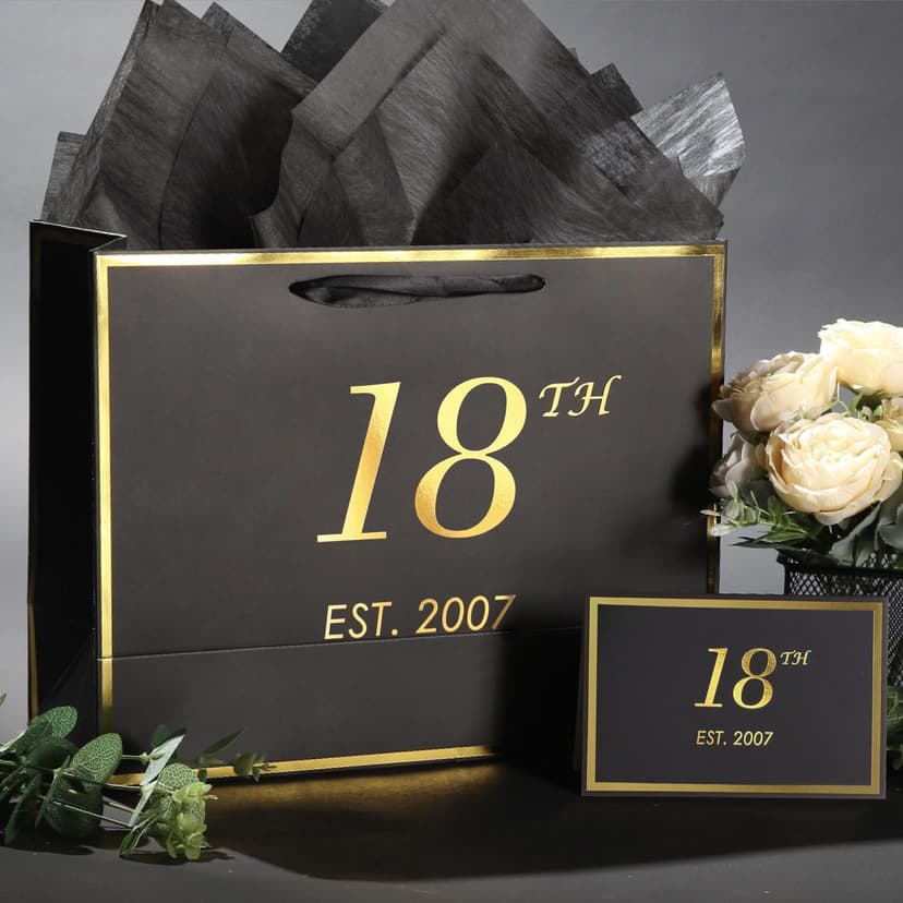 momoake 18th Birthday Gift Bag with Card and Tissue Paper for Boys Men Women, 2007 18 Year Old 13" Elegant Black Gold Anniversary Keepsake Party Present Shopping Paper Bags for Gifts Wrapping