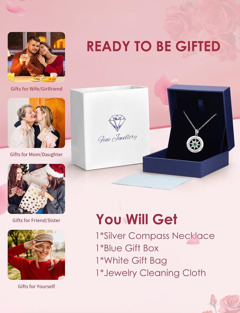 Silver Compass Necklace for Women Birthday Gifts for Wife Anniversary Necklace for Women Rose Flower Birthstone Necklaces for Wife Jewelry for Womens Girlfriend Mom Daughter