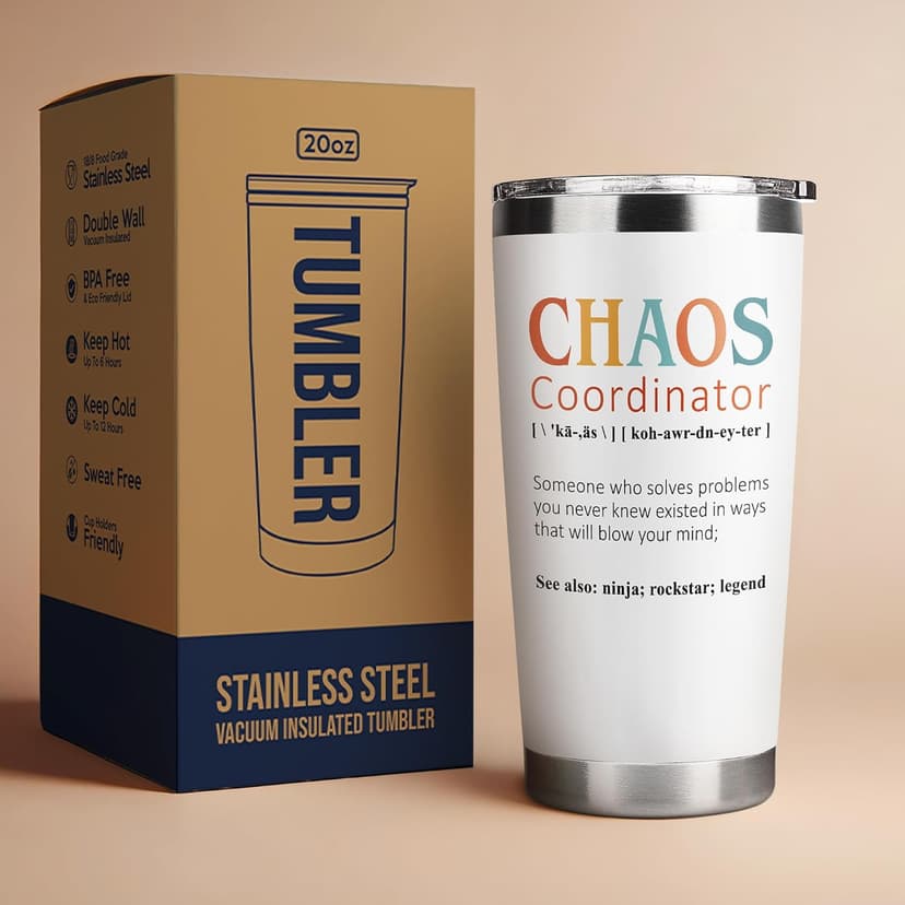 Thank You Gifts for Women, Boss Lady, Coworkers, Manager, Office, Teacher, Nurse, Mom, Her - Chaos Coordinator Gift Ideas - Valentines, Birthday Drinking Cup - 20 Oz Stainless Steel Tumbler
