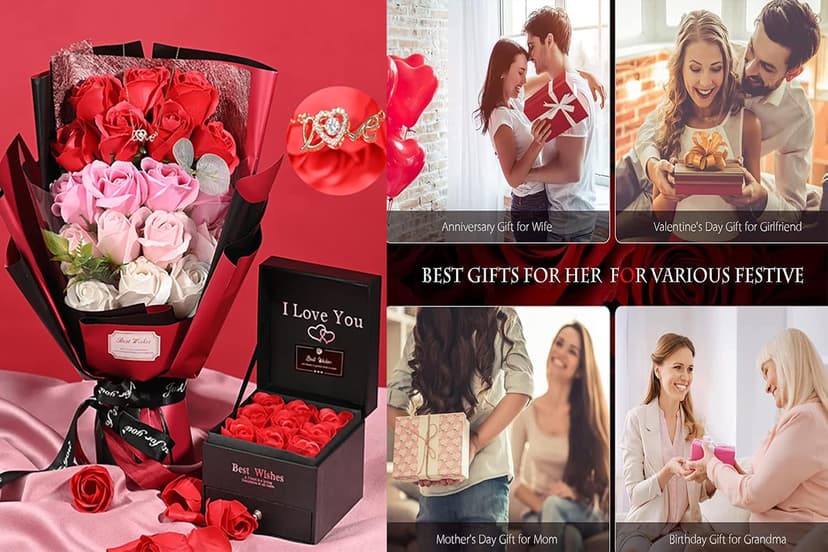 EIGHTOWN Roses Bouquet Artificial Flower - Preserved Red Rose Flowers with Love Necklace for Her - Unique Gifts Valentine's Day, Mother's Day, Thanksgiving, Birthday, Anniversary