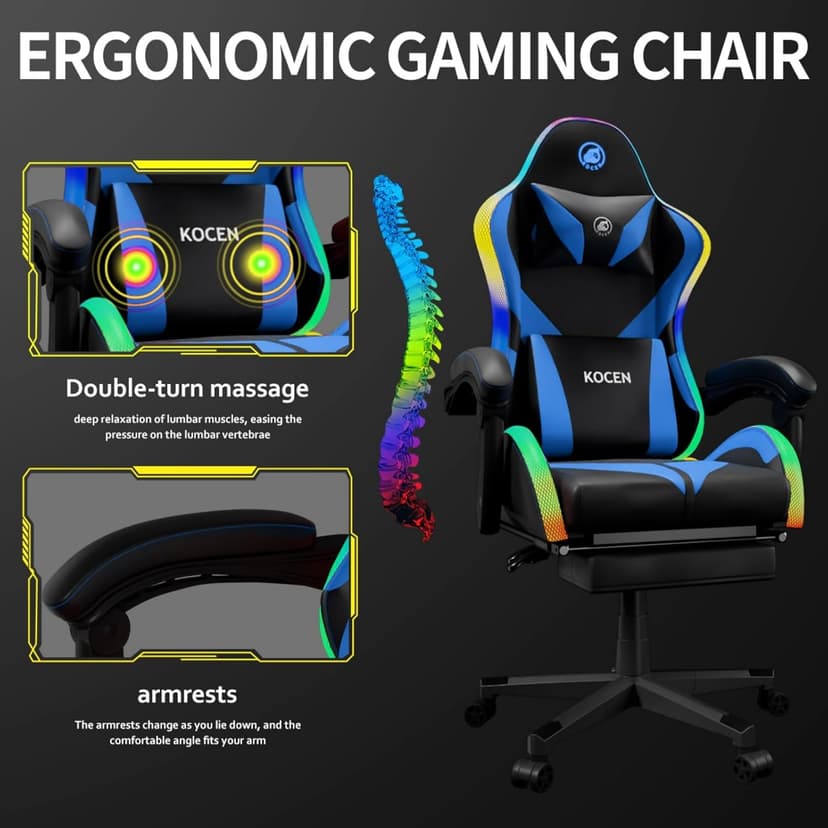 Gaming Chairs for Adults Tall and Kids，Lumbar Support,LED Lights，High Back Reclining Computer Chair with Headrest (Black+Blue)