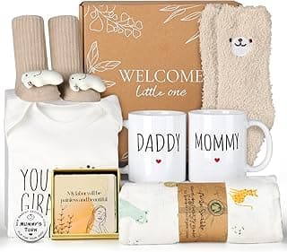 New Mom Gifts for Women, 9pcs Pregnancy Gifts for Expecting Mom, Cute Baby Gifts New Parents Gifts for Couples w/Mom and Dad Mugs for Gender Reveal Baby Shower First Time Mom to be Gifts(Khaki)