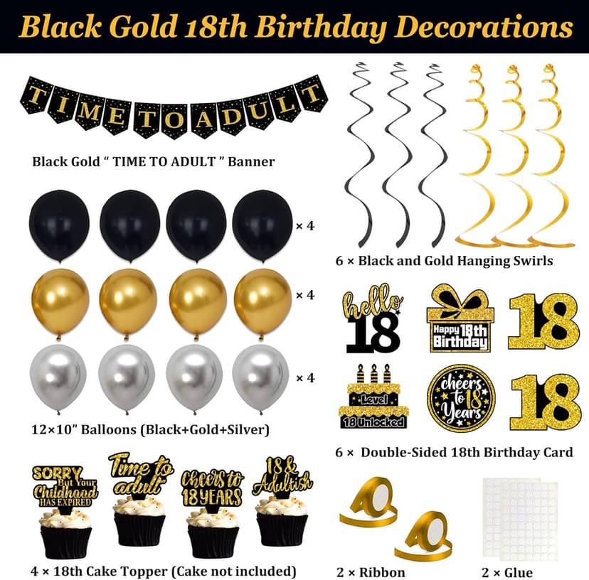 18th Birthday Decorations for Boys Girls, Black Gold Happy 18th Birthday Party Decorations, Time To Adult Birthday Banner, Backdrop, Balloons, Hanging Swirls, BIrthday Cards, Cake Topper, Pompom 52pcs