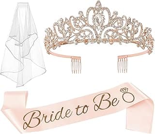 JETKONG 3 Pcs Bachelorette Party Decorations Bridal Shower Crown, Bride to Be Sash&Veil for Women Bachelorette Party Gifts, Bachelorette Party Supplies, Gifts, Favors (Rose Gold)