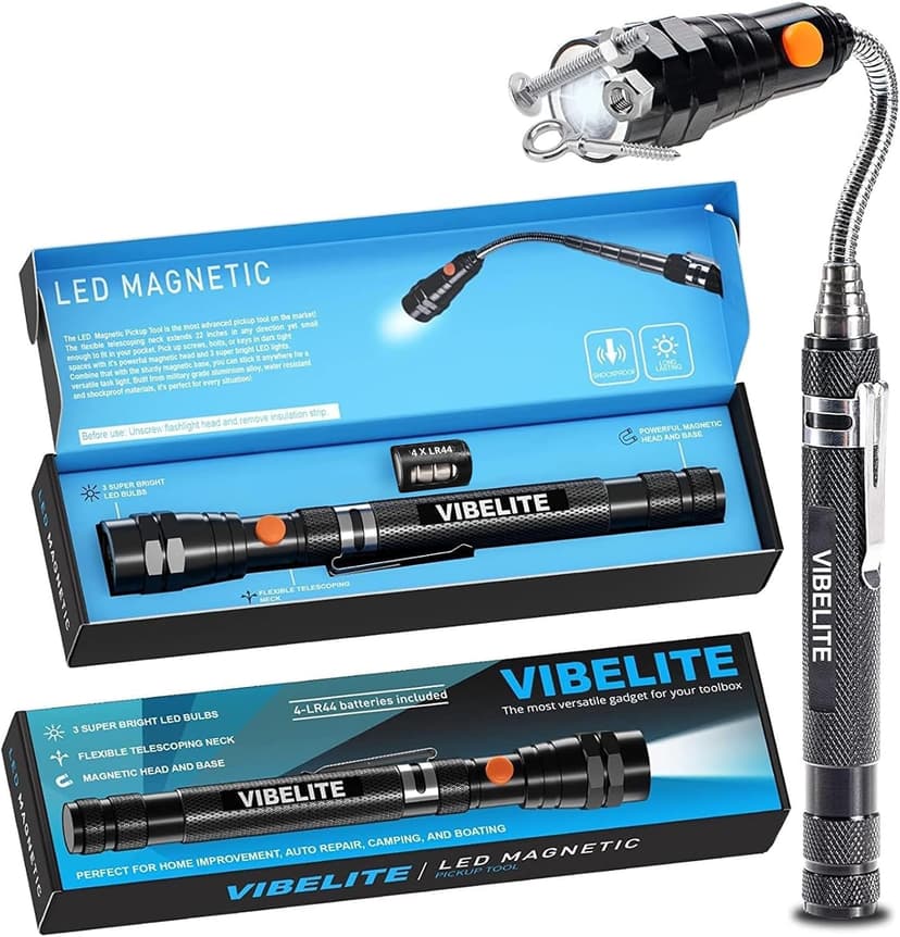 VIBELITE Extendable Magnetic Flashlight with Telescoping Magnet Pickup Tool-Cool Gadget Birthday for Men, Dad, Husband, Him, Father, Mechanic,Tech, Handyman, Boyfriend, Women, Black