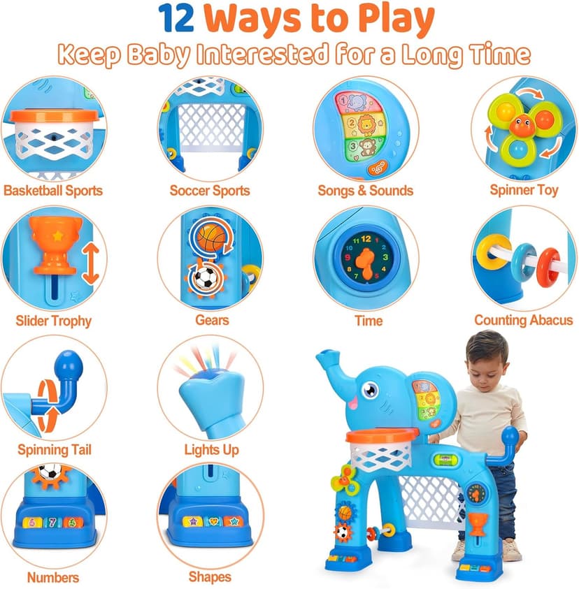 KIZZYEA Toys for 1 2 3 Years Old Boys Girls, Toddler Basketball Hoop & Soccer Goal, Montessori Toy, Interactive Musical Sports Toys with Light, Christmas Birthday Gifts for Baby Kids Age 12-18 Months