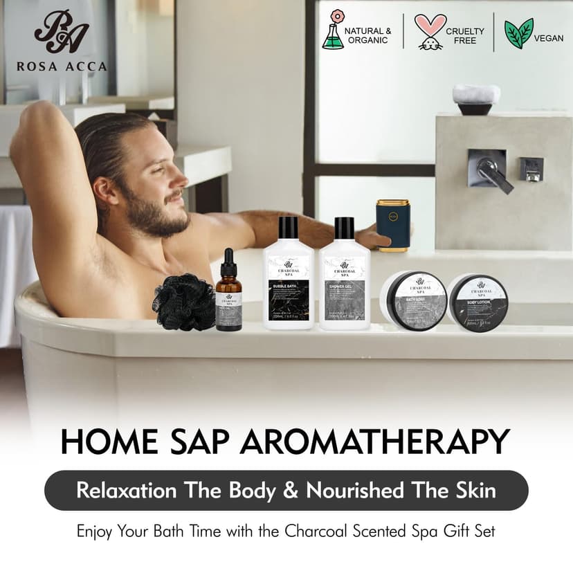 Father's Day Bath and Body Gift Basket for Men and Women, 23pcs Charcoal Luxury Home Spa Kit for Mother in Cosmetics Leather Bag, Face Oil, Birthday Gift, Self Care, perfect for Christmas, Holiday