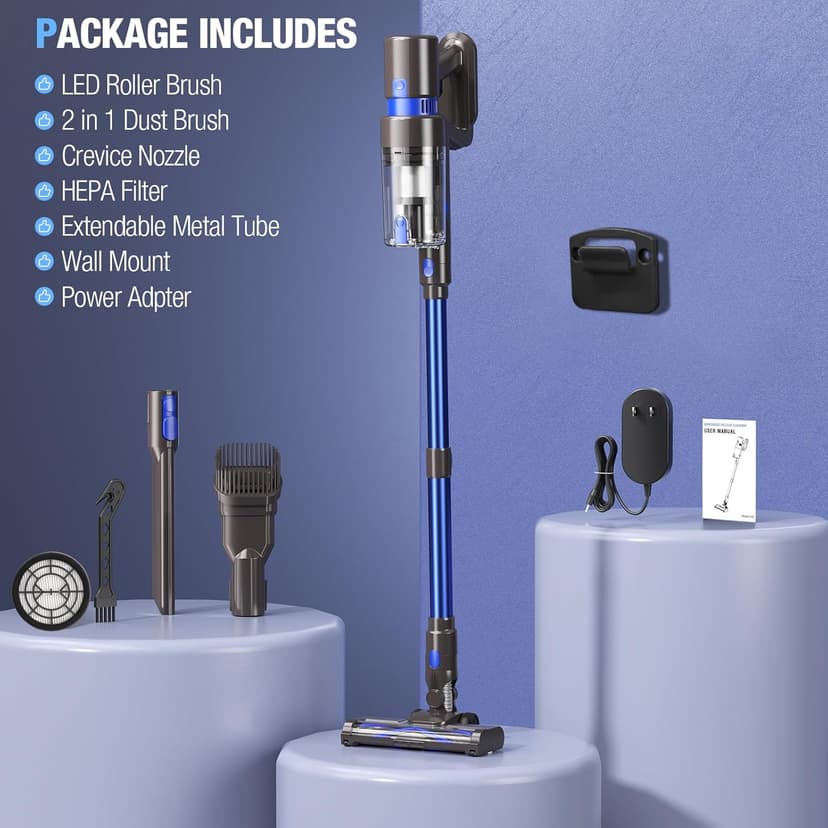 Cordless Vacuum Cleaner, 550W 45KPA 50Min Vacuum Cleaners for Home, Self-Standing Stick Vacuum with Touch Screen, 3 Power Modes, Rechargeable Battery, Handheld Vacuum for Pet Hair Carpet Floor