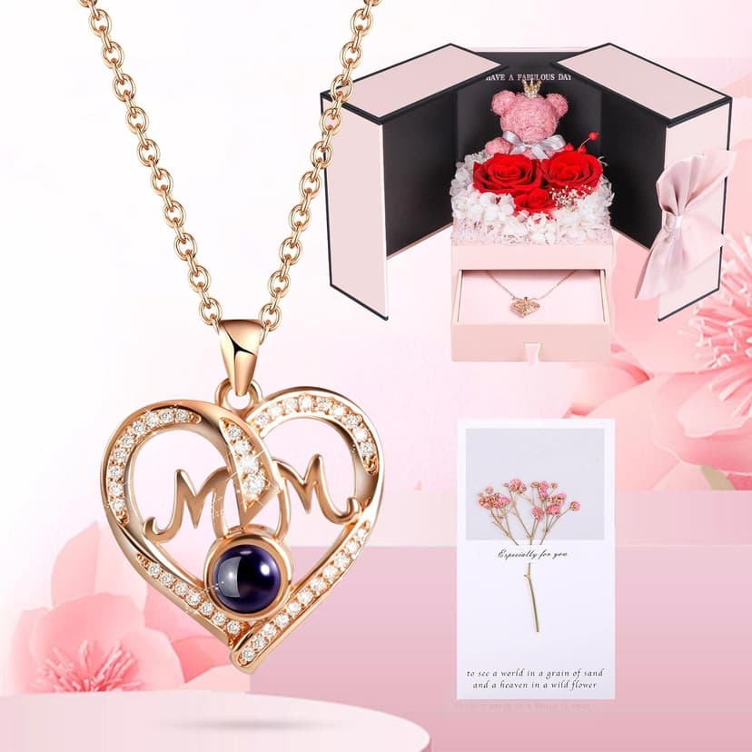 ADDWel Birthday Gifts for Mom from Daughter and Son, Unique Mother Birthday Gift Idea, Preserved Real Roses with I Love You in 100 Languages Mom Necklace, Cool Present to Mother Mama