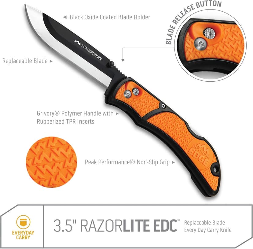 OUTDOOR EDGE OUTDOOR EDGE 3.5" RazorLite EDC Knife. Pocket Knife with Replaceable Blades and Clip. The Perfect Hunting Blade for Skinning Deer. Blaze Orange with 6 Blades