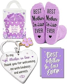 HAPPYPOP Gifts for Mother in Law - Mothers Day Socks Keychain with Greeting Card, Mom in Law Birthday Gifts Christmas Stocking Stuffers