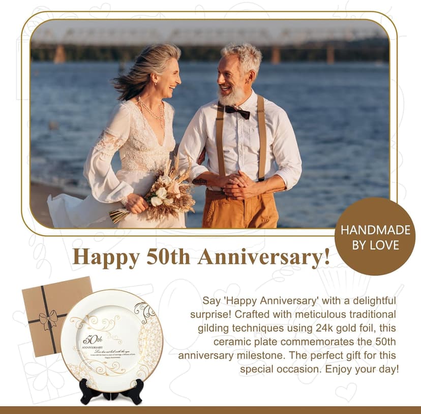 50th Anniversary Wedding Gifts for Couples Parents - 50 Year Marriage Plate with 24k Gold Foil, Golden Keepsake Gift, Ceramic 9 inch
