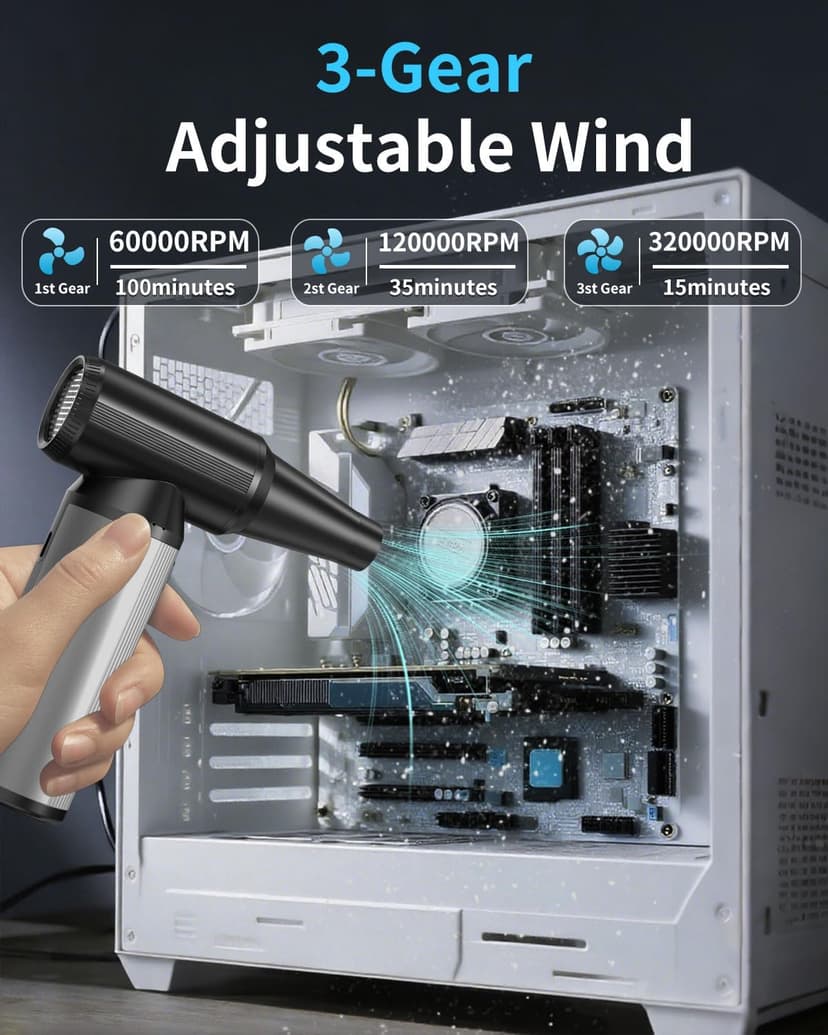 Compressed Air Duster, 2-in-1 Duster Blower & Vacuum with 320000RPM Super Power, Electric Air Duster Rechargeable, 3-Gear Adjustable Air Blower for Keyboard, Computer, Car, Home, and Outdoor Cleaning