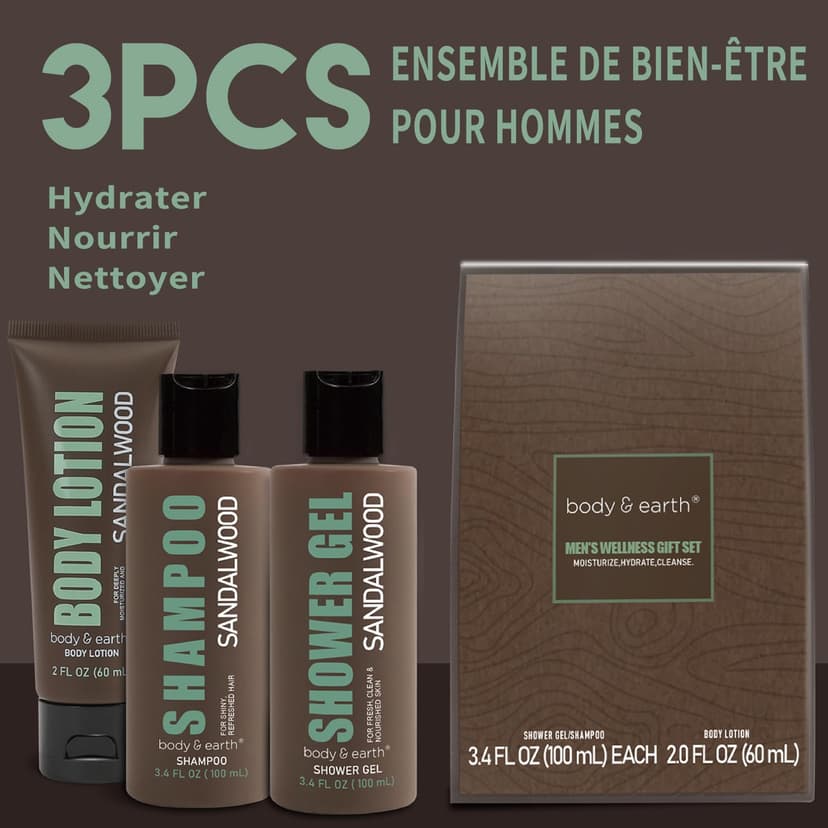 BODY & EARTH Men Gift Sets - 3PC Mens Gift Baskets Includes Sandalwood Shower Gel, Body Lotion, Shampoo, Mens Gift Basket as Birthday and Christmas Gifts for Men, Boyfriends and husbands