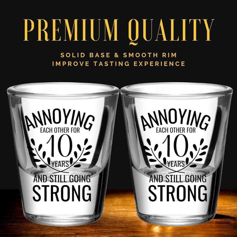 Onebttl Anniversary Cups for Couples, 10 Years Anniversary Funny Gifts for Boyfriend Girlfriend, 1.5 oz (45 ml) Shot Glasses Set of 2 - Annoying Each Other But Still Strong, Transparent