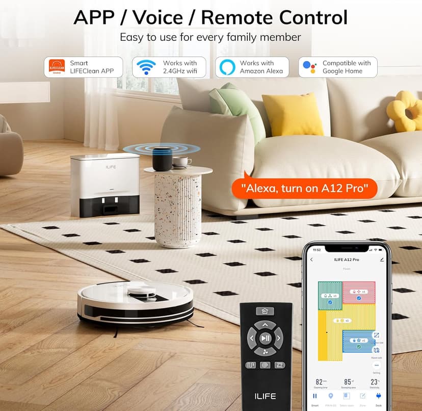 ILIFE A12 Pro Robot Vacuum and Mop Combo, Self Emptying Station for 60 Days, LiDAR Navigation, Home Mapping, No-Go Zones, 2.4G WiFi/App/Alexa/Remote Control, for Hard Floors, 110V