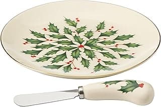 Lenox Serveware, Hosting The Holidays Cheese Plate & Knife Set, Service for 1, Ivory Porcelain, Dishwasher Safe, 6.75 Inch Diameter, Christmas Decorations, Christmas Decor (White/Green/Red, 2 Pieces)