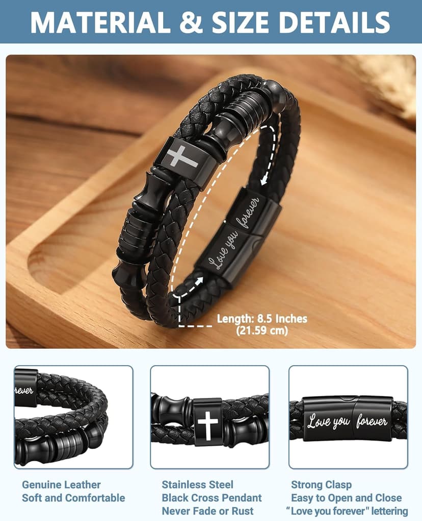 UNGENT THEM Joshua 1:9 Encouraging Christian Birthday Gifts for Boys Teens Men, Bible Verse Leather Cross Bracelet