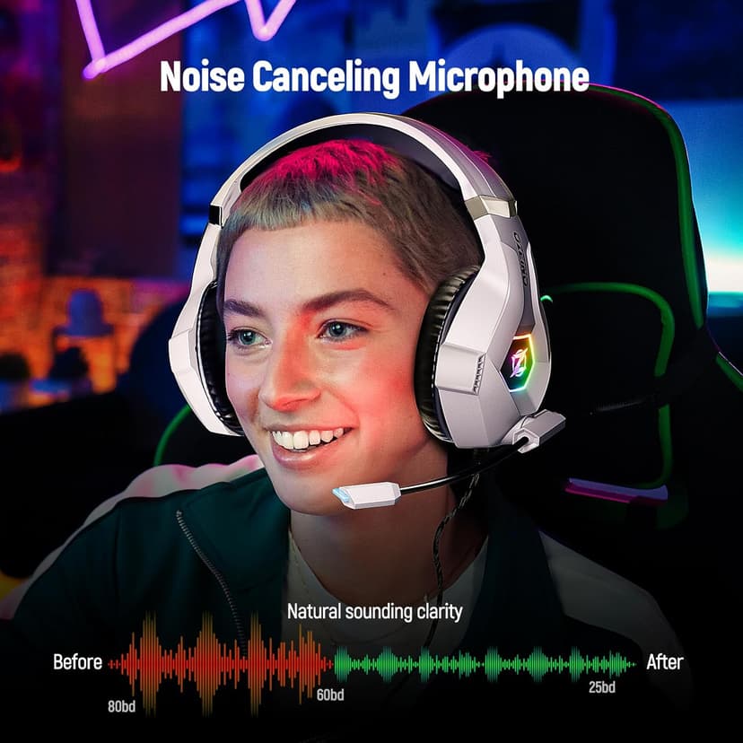 Gaming Headset for PC, Ps4, Ps5, Xbox Headset with 7.1 Surround Sound Gaming Headphones with Noise Canceling Mic, LED Light Over Ear Headphones for Switch, Xbox Series X/S, Laptop, Mobile White