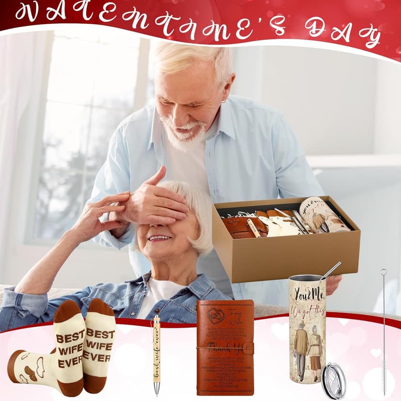 Skylety 4 Pcs to My Wife Gifts Set Leather Journal Stainless Steel Tumbler 20oz Best Wife Pen Socks Anniversary Wedding Christmas Gifts