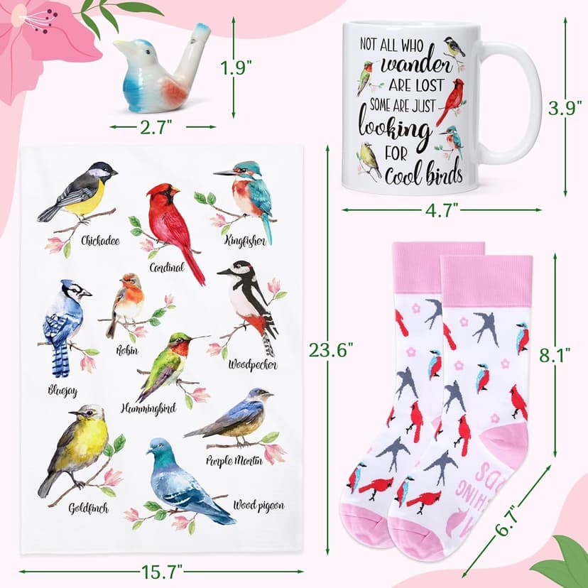Nefelibata Bird Gifts for Women: 4-in-1 Birds Mug, Socks, Water Whistle, Kitchen Towel - Cardinal, Hummingbird, Kingfisher Birds on Branch