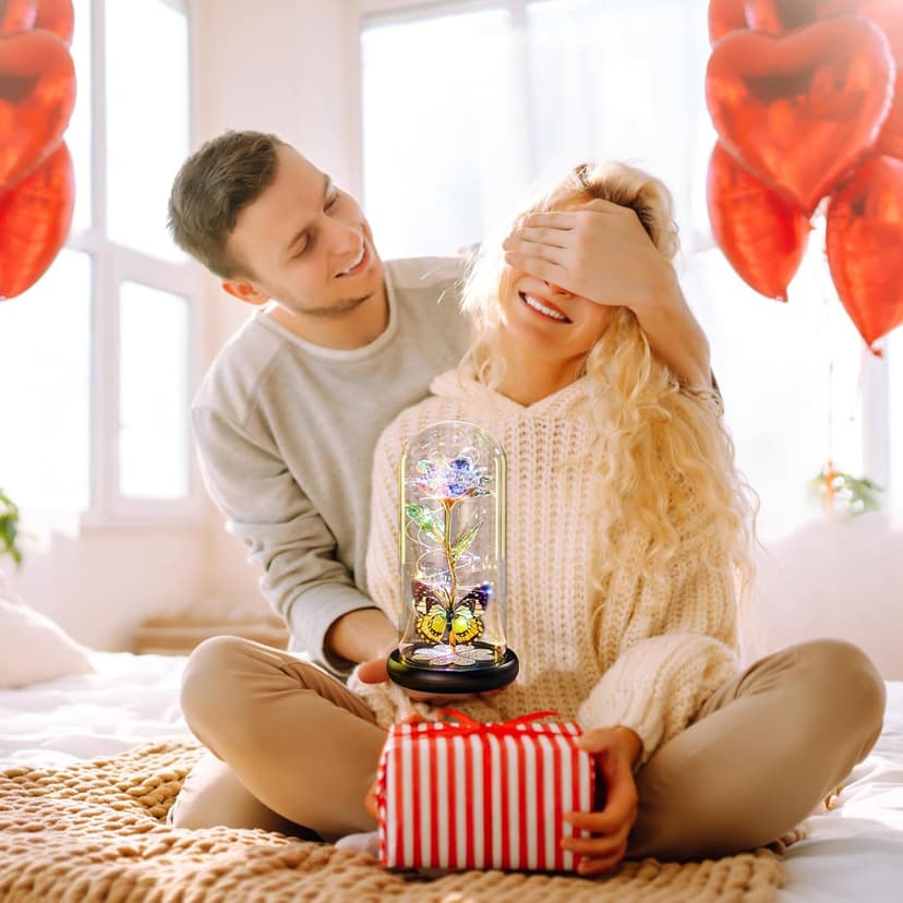 Birthday Gifts for Women Mom, Galaxy Glass Rose Forever Eternal Crystal Flower Light Up Rose in Glass Dome with Butterfly Mothers Day Christmas Rose Gifts for Her Wife Daughter Friends Colorful