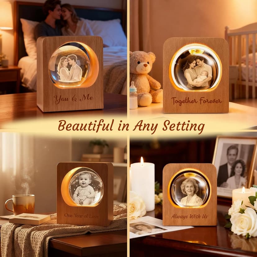 Personalized 3D Photo Crystal Ball, Memorial Gifts, Custom Engraved Picture Lamp with Wood Base, Color Changing Crystal Globe for Pets, Couples, Babies, Parents, Birthdays, Anniversaries(Circle)