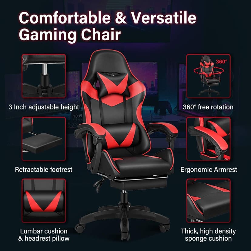 Gaming Chair, Backrest and Seat Height Adjustable Swivel Recliner Racing Office Computer Ergonomic Video Game Chair with Footrest and Lumbar Support, Red/Black